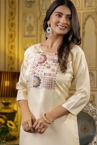 Shimmer silk cream casual wear embroidery work readymade kurti