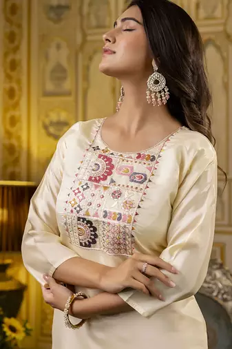 Shimmer silk cream casual wear embroidery work readymade kurti