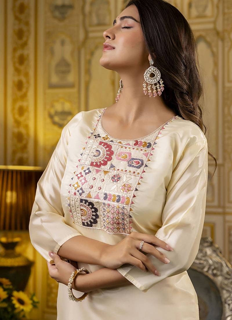 Shimmer silk cream casual wear embroidery work readymade kurti