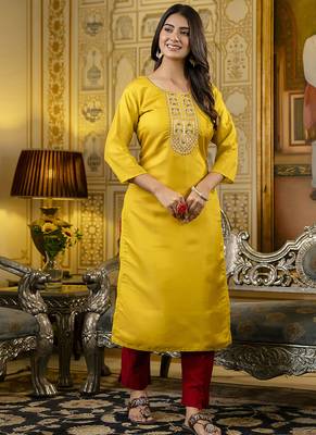 Shimmer silk mustard casual wear embroidery work readymade kurti 1