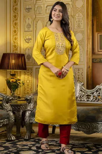 Shimmer silk mustard casual wear embroidery work readymade kurti
