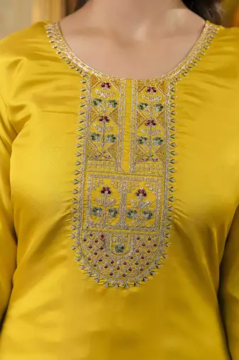 Shimmer silk mustard casual wear embroidery work readymade kurti