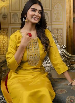 Shimmer silk mustard casual wear embroidery work readymade kurti 3
