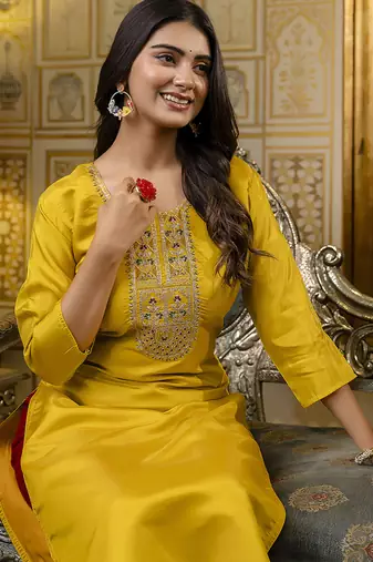 Shimmer silk mustard casual wear embroidery work readymade kurti