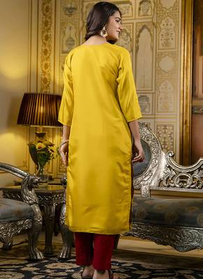 Shimmer silk mustard casual wear embroidery work readymade kurti 4