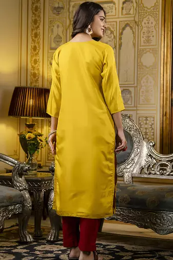 Shimmer silk mustard casual wear embroidery work readymade kurti