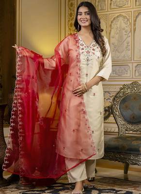 Silk blend cream occasional wear embroidery work kurta set 1