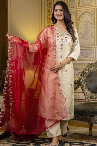 Silk blend cream occasional wear embroidery work kurta set