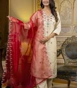Silk blend cream occasional wear embroidery work kurta set