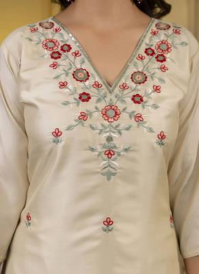 Silk blend cream occasional wear embroidery work kurta set 2