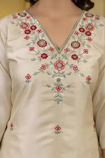 Silk blend cream occasional wear embroidery work kurta set