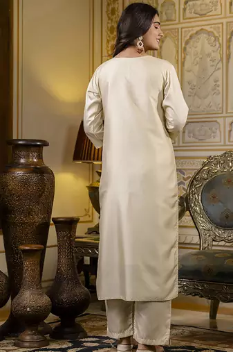 Silk blend cream occasional wear embroidery work kurta set