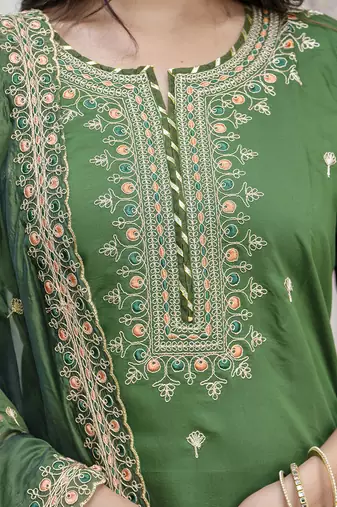 Silk blend green occasional wear embroidery work kurta set