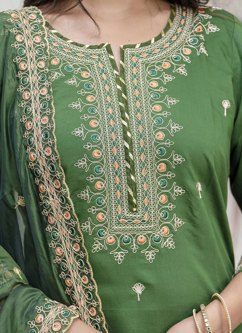 Silk blend green occasional wear embroidery work kurta set