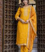 Silk blend mustard occasional wear embroidery work kurta set