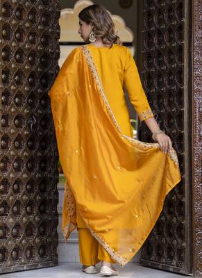 Silk blend mustard occasional wear embroidery work kurta set 2