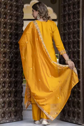 Silk blend mustard occasional wear embroidery work kurta set