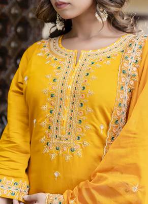 Silk blend mustard occasional wear embroidery work kurta set 3
