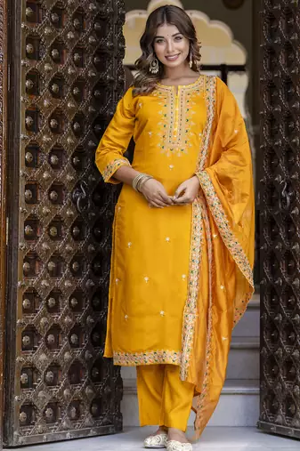 Silk blend baby pink occasional wear embroidery work kurta set