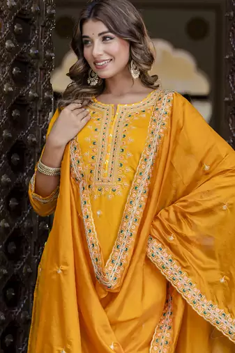 Silk blend baby pink occasional wear embroidery work kurta set