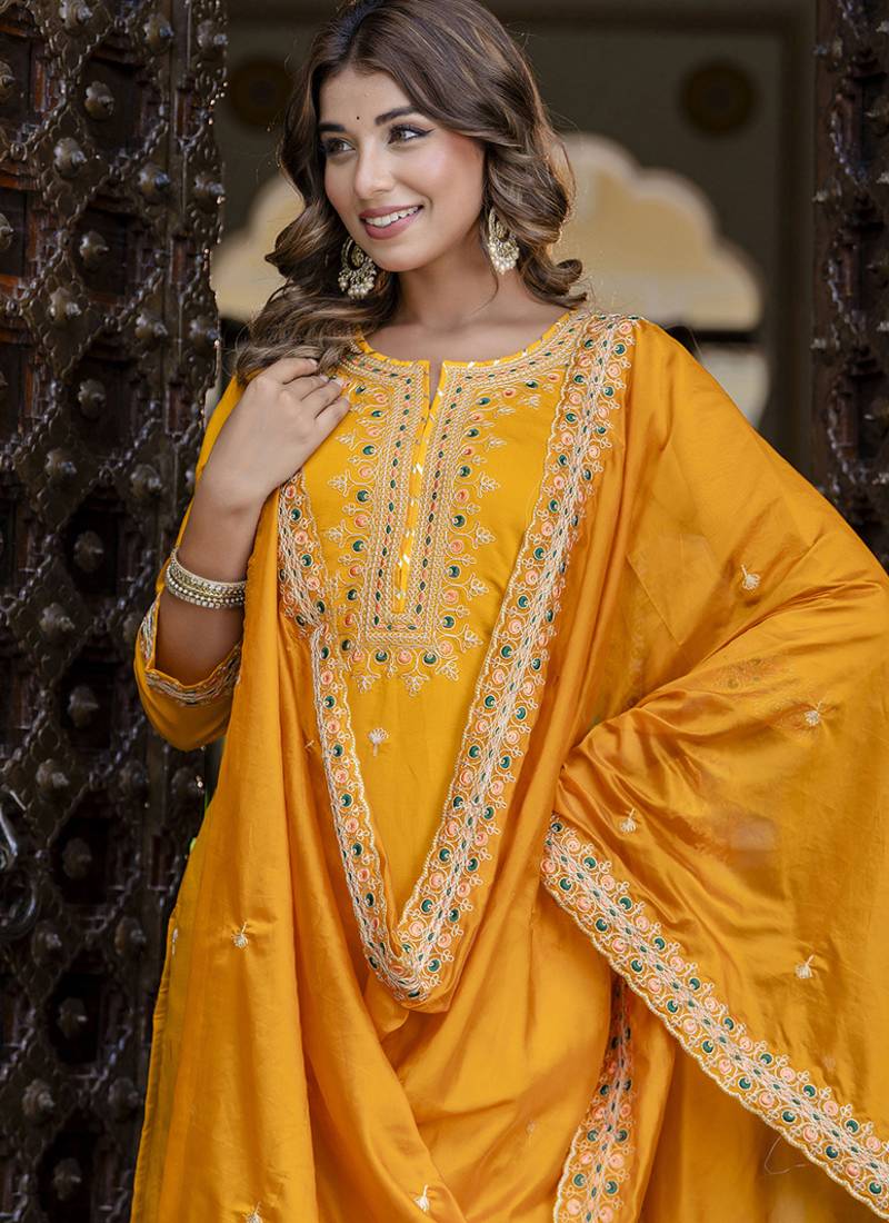 Silk blend baby pink occasional wear embroidery work kurta set