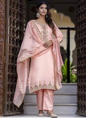 Silk blend peach occasional wear embroidery work kurta set 1