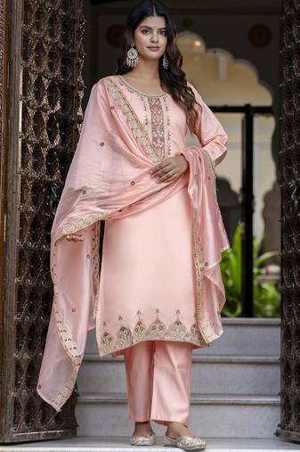 Silk blend peach occasional wear embroidery work kurta set