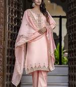 Silk blend peach occasional wear embroidery work kurta set