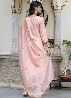 Silk blend peach occasional wear embroidery work kurta set 2