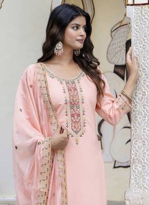 Silk blend peach occasional wear embroidery work kurta set 3