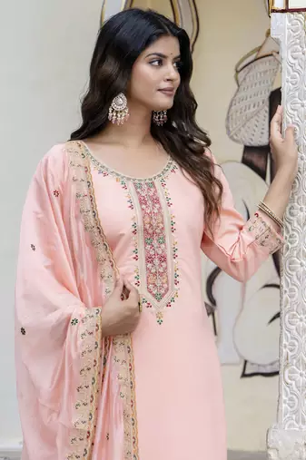 Silk blend peach occasional wear embroidery work kurta set