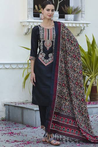 Silk blend black ocassional wear embroidery work kurta set