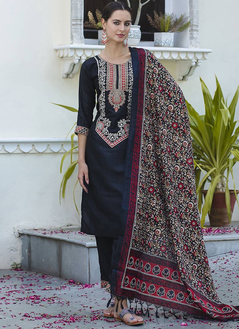Silk blend black ocassional wear embroidery work kurta set