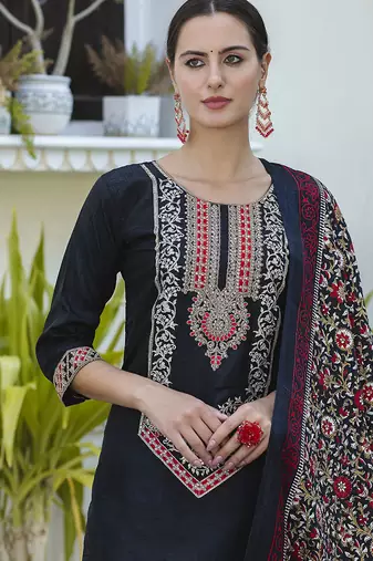 Silk blend black ocassional wear embroidery work kurta set