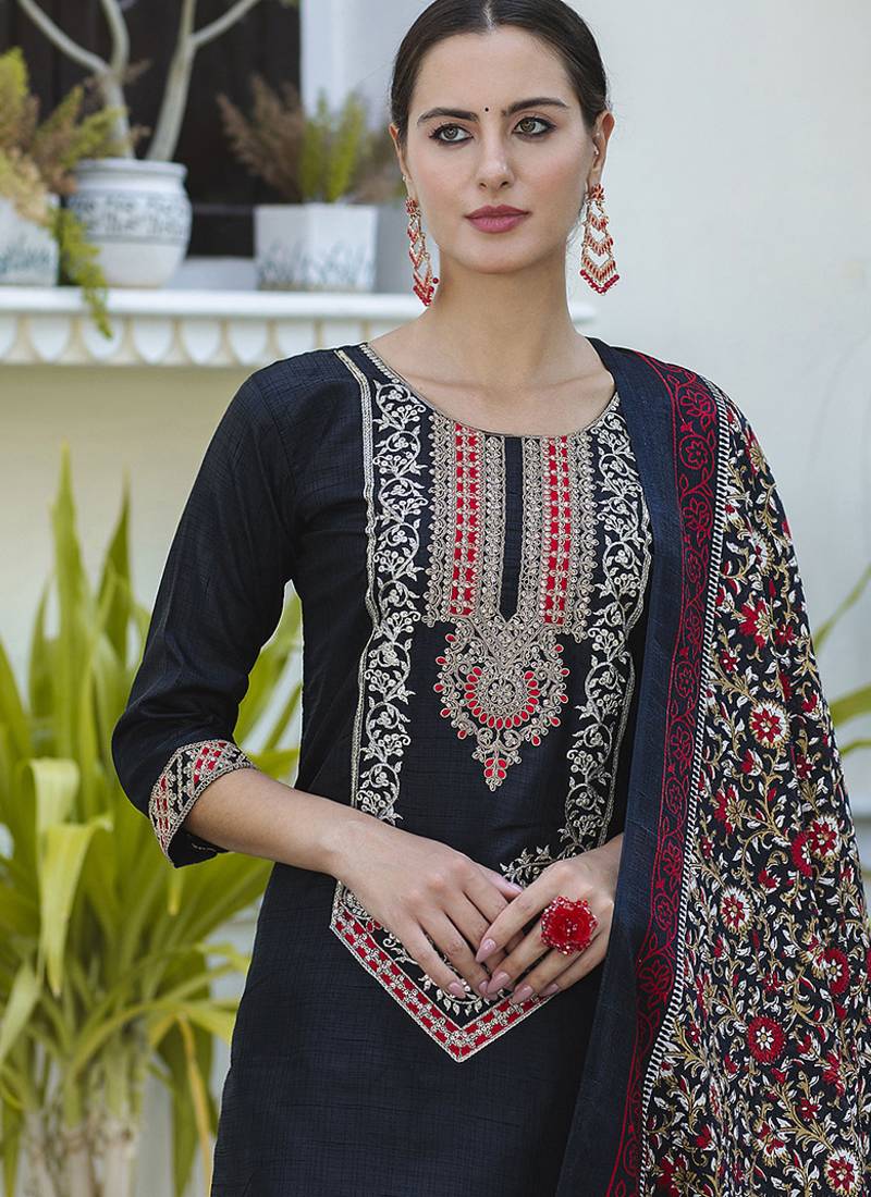 Silk blend black ocassional wear embroidery work kurta set