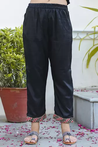 Silk blend black ocassional wear embroidery work kurta set