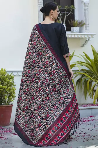 Silk blend black ocassional wear embroidery work kurta set