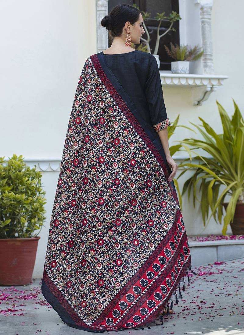Silk blend black ocassional wear embroidery work kurta set