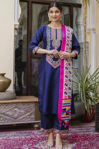 Silk blend royal blue ocassional wear embroidery work kurta set
