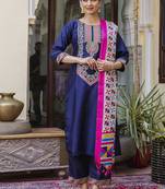 Silk blend royal blue ocassional wear embroidery work kurta set