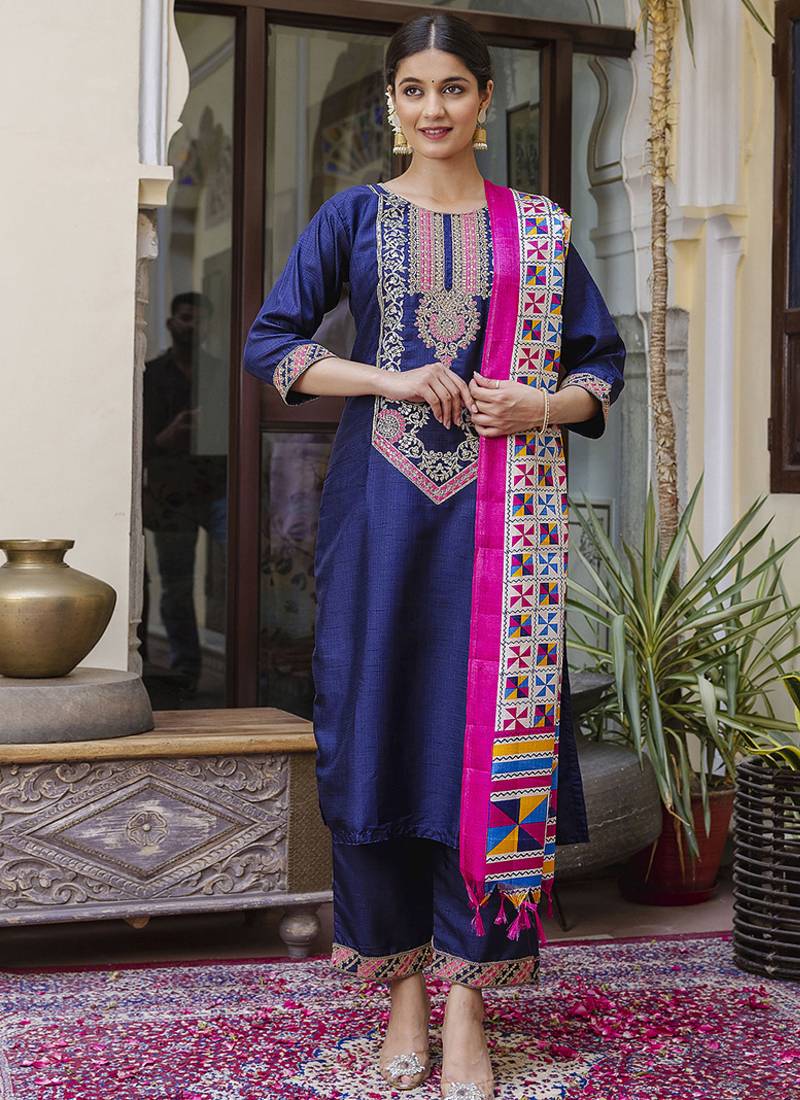 Silk blend royal blue ocassional wear embroidery work kurta set