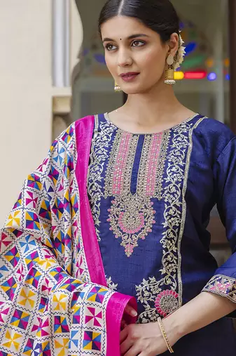 Silk blend royal blue ocassional wear embroidery work kurta set