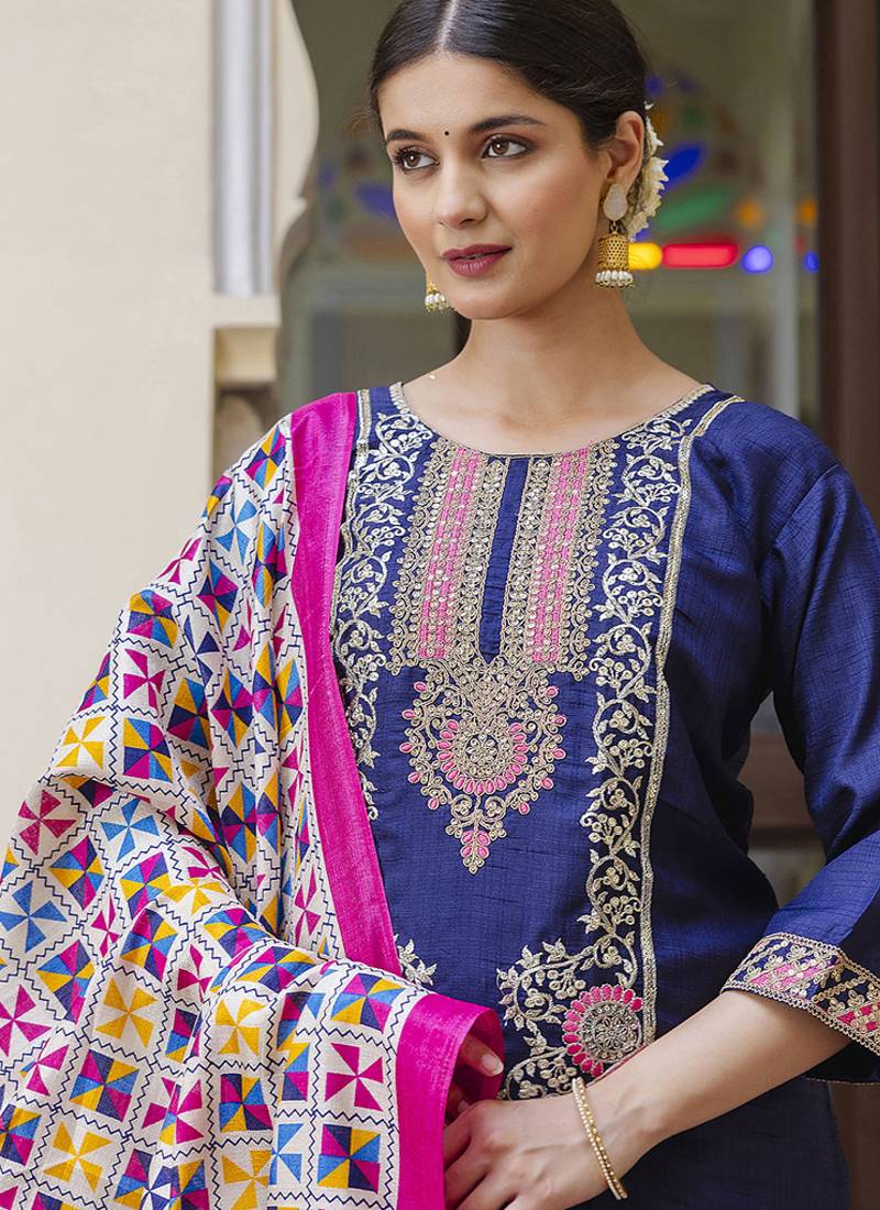 Silk blend royal blue ocassional wear embroidery work kurta set