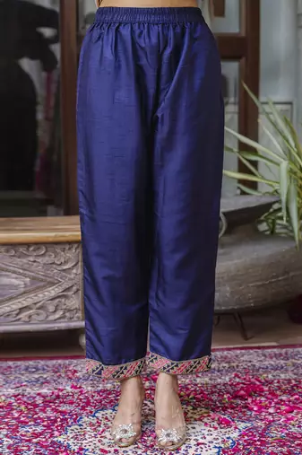 Silk blend royal blue ocassional wear embroidery work kurta set