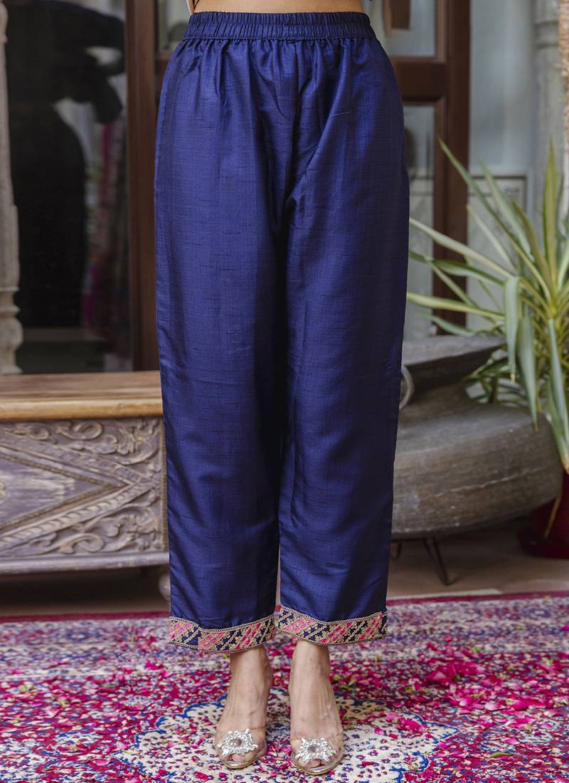 Silk blend royal blue ocassional wear embroidery work kurta set