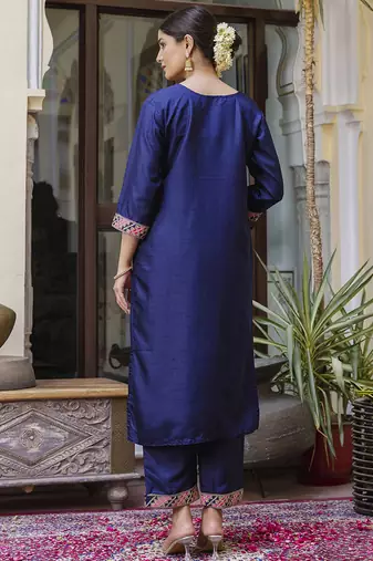 Silk blend royal blue ocassional wear embroidery work kurta set