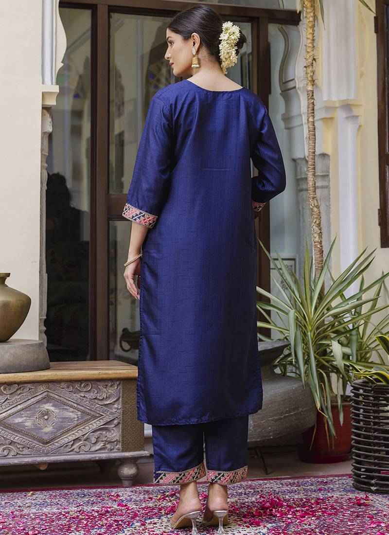 Silk blend royal blue ocassional wear embroidery work kurta set