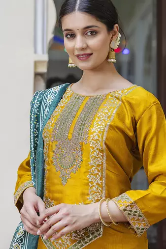 Silk blend mustard ocassional wear embroidery work kurta set