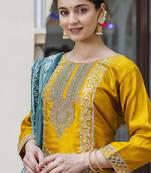 Silk blend mustard ocassional wear embroidery work kurta set