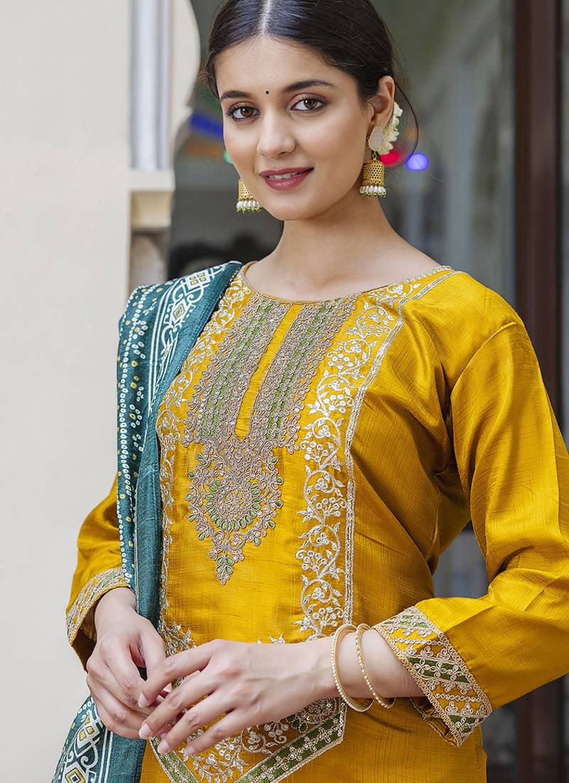 Silk blend mustard ocassional wear embroidery work kurta set
